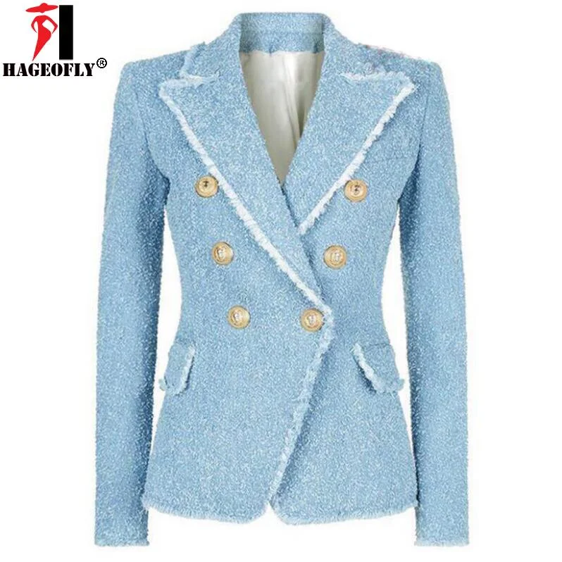Women Work Office Designer Blazer Fashion Casual Double Breasted Lion Buttons Tassel Fringe Tweed Blazer Jacket 2022 Cardigan Sweater Pullover
