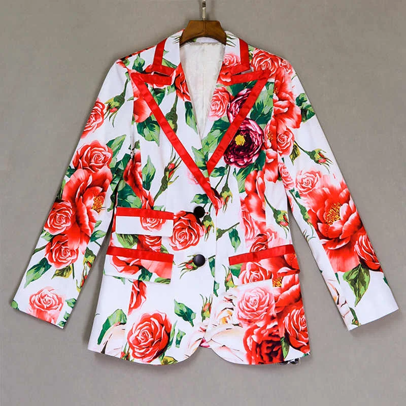 High Quality 2022 Autumn Newest Blazer Feminino High Street White Red Floral Print Slim Sweet Women Tops Jacket Clothing Embroidered Jacket Appliqued Jacket Beaded Jacket