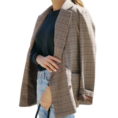 high quality  Women Spring autumn Plaid Long Loose Blazer double breasted Blazer Long Sleeve Suit Jacket Female Casual Coat Trench Coat Raincoat Waterproof Jacket