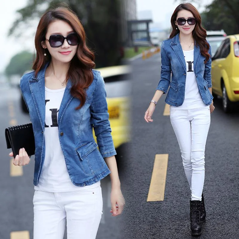 Hot 2022 Elegant Jackets For Women Denim Blazer Short Fashion Slim Blue Suit Coats Plus Size Female Jacket Designs Blazers 3XL Bomber Jacket Anorak Windbreaker