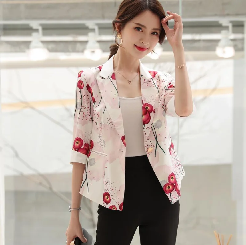 Casual Blazers Women 2022 Spring Summer New Blazer Floral Mujer Fashion Elegant Printed Short Coat Formal Suit Jacket Herringbone Jacket Houndstooth Jacket Plaid Jacket