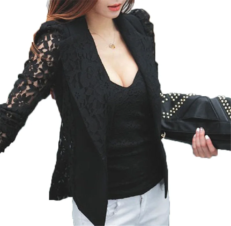Plus Size Coat Sexy Lace Blazer Feminino Lady Suit Outwear Women Blazers and Jackets Formal Slim Jacket Black White Collared Jacket Crew Neck Jacket Turtle Neck Jacket