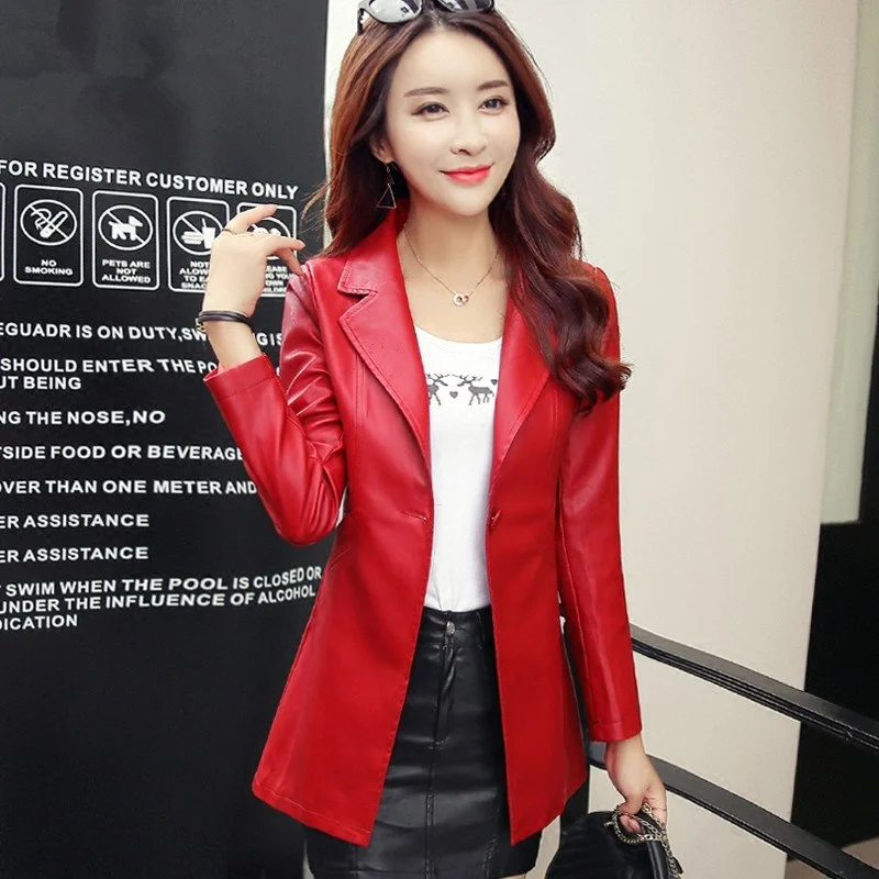 Pu Leather Single Button Plus Size  Blazer Femme Casual Blaser Tops Women Leather Jacket Solid Color Autumn Outerwear TT3588 Striped Jacket Polka Dot Jacket Floral Jacket
