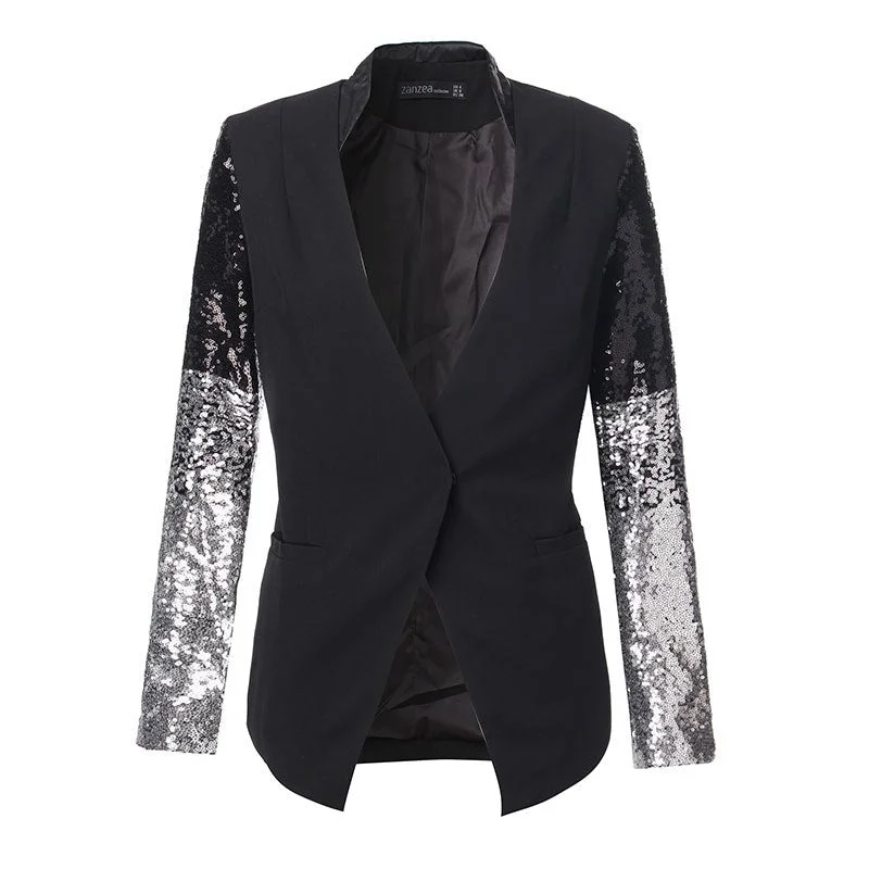 Spring Autumn Women Jacket  Work Female Suit Long Sleeve Lapel Silver Black Sequins Elegant Ladies Feminino Plus Size S-4XL Cotton Fabric Linen Fabric Terry Fabric