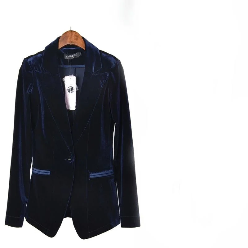 Woman Blue Velvet Suit Slim Female Velvet Blazer New Fashion Women's Casual Suit Coat Jacket Coat Jacket Single Button Jacket Trench Coat Raincoat Waterproof Jacket