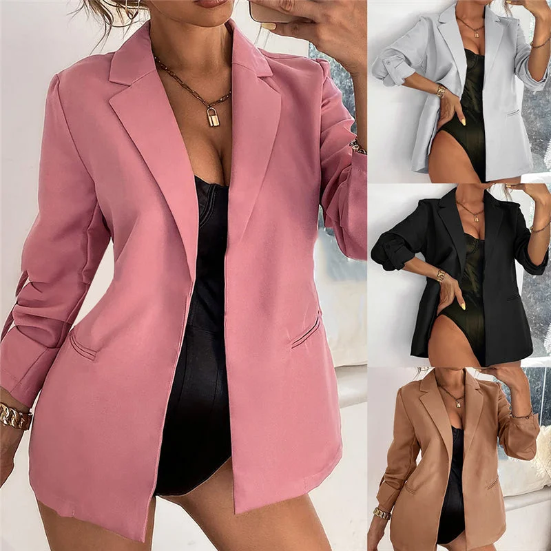 Women Autumn Blazer Jacket Basic Blazer Casual Solid Button Long Sleeve Work Suit Coat Office Lady Elegant Blazers Welt Pockets Slit Pockets Flap Pockets