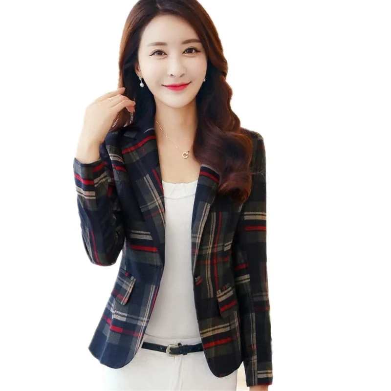 Women's Plaid Blazer and Jacket Slim Female Long Sleeve Short Suit Jacket One Button Casual Office Blazer Femme Front Pockets Side Pockets Patch Pockets