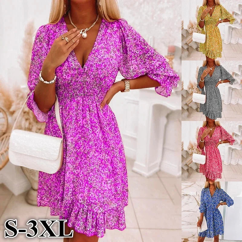 Women Summer Fashion Bohemian Dress Nipped Waist Pullover Deep V Neck Beach Dress Print Short-sleeve Floral Bright Dress Jewel Neck Pullover