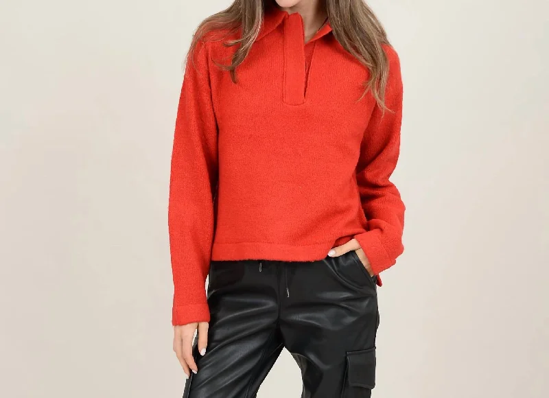 Ashanti Polo Pullover In Engine Red Faux Fur Trim