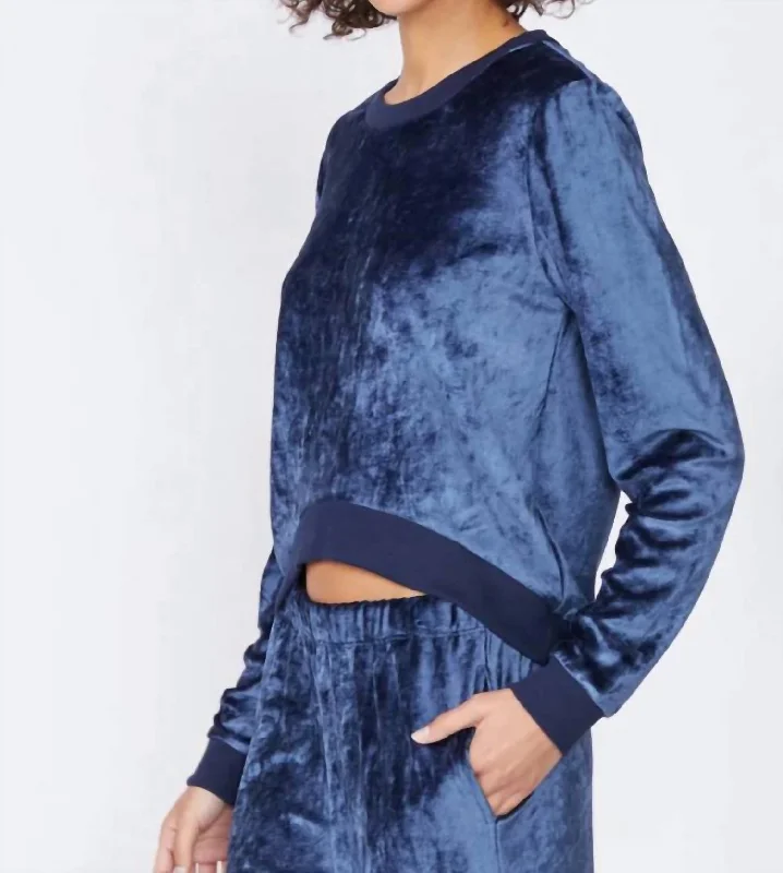 Bamboo Velour Cropped Pullover In New Navy Cold Shoulder Design