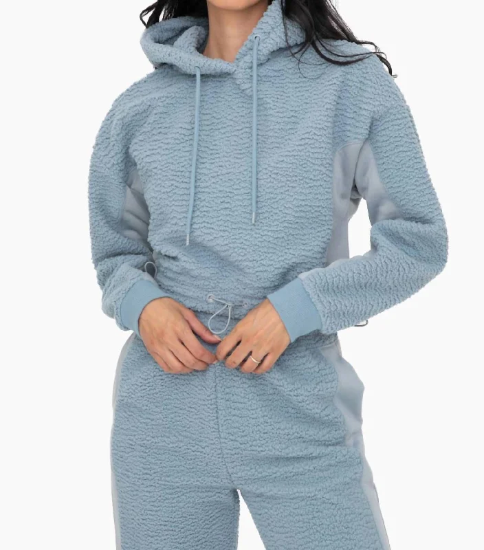 Boxy Sherpa Pullover Hoodie In Smoke Blue Ruffle Sleeve Feminine