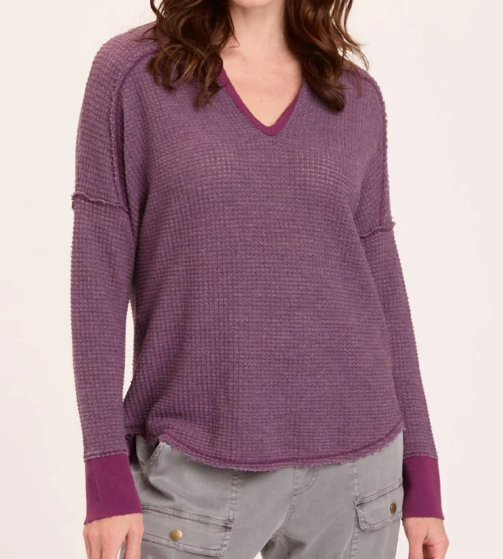 Bullock V Neck Waffle Knit Pullover In Purple Spaghetti Sleeve Top