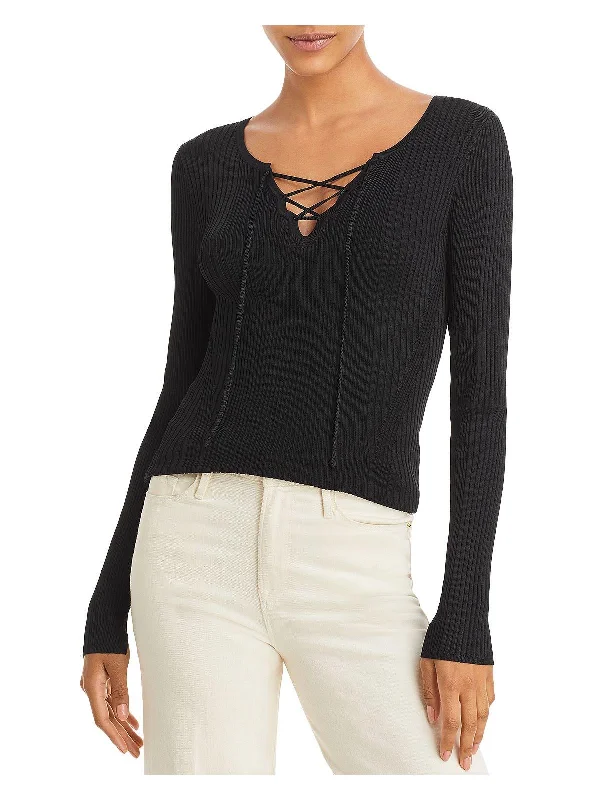 Carrie Womens Ribbed Lace-Up Pullover Top Thin Wool Pullover