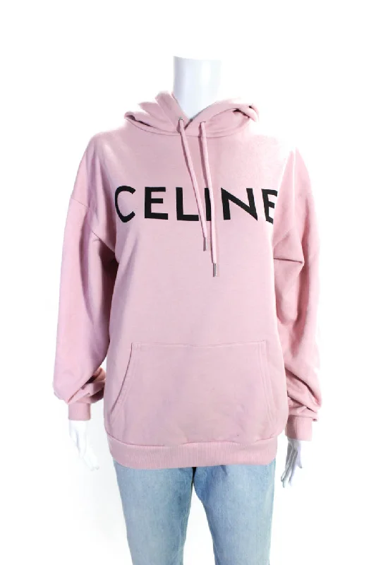 Celine Womens Cotton Graphic Print Front Pocket Pullover Hoodie Pink High Neck Pullover