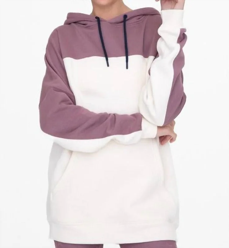 Color Blocked Hoodie Pullover With Pockets In Dark Mauve High Neck Pullover