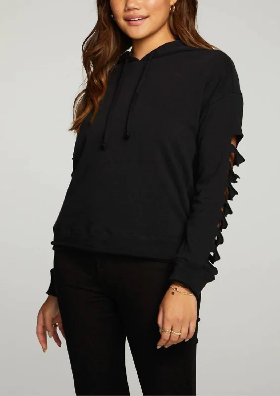 Cotton Fleece Vented Long Sleeve Pullover Hoodie In True Black Blouson Sleeve Pullover