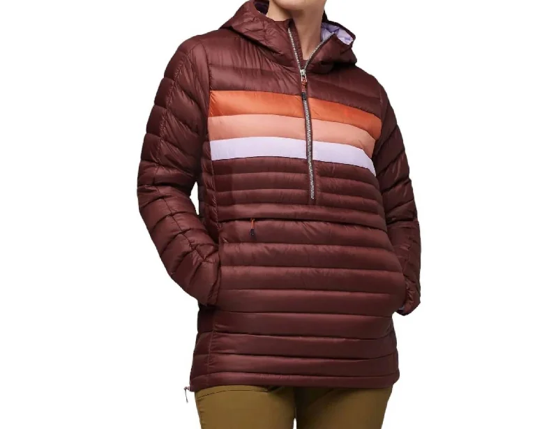 Fuego Down Hooded Pullover In Chestnut Stripes Oblong Neck Pullover
