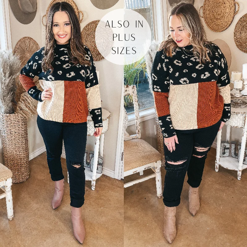 Just Warming Up Leopard Print Color Block Knit Pullover Sweater in Black & Rust Fleece Warm Pullover