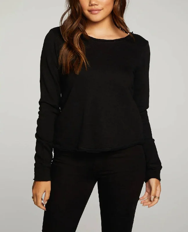 Linen French Terry Long Sleeve Cross Back Pullover In Black Bishop Sleeve Elegant
