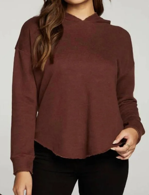 Linen French Terry Long Sleeve Shirttail Pullover Hoodie In Truffle Ruffled Neck Pullover