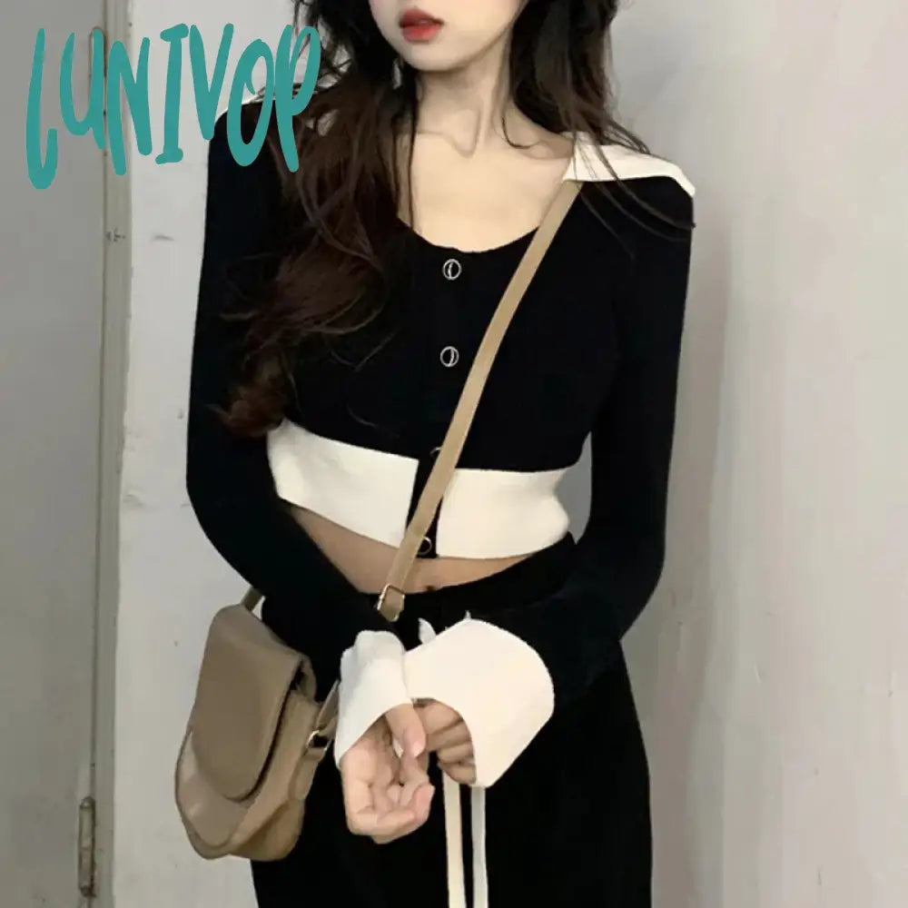 Lunivop Contrast Color Lapel Knitted Sweater Women Winter New Slim Bottoming Shirt Top Elegant All-match Female Pullover Short Sleeve Top