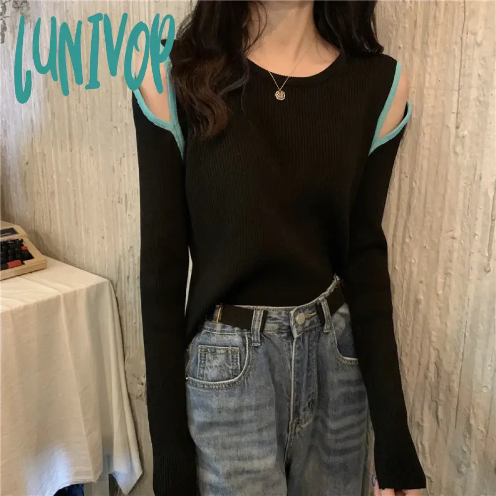 Lunivop Fashion Off-the-shoulder Women's Pullover Tops Long-sleeve Autumn New Knitted Shirt Round Neck Female Sweater Textured Knit Design