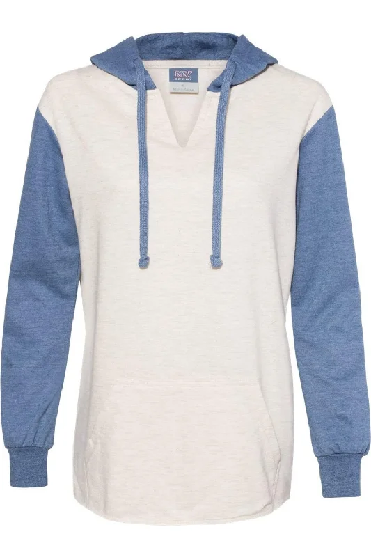 MV Sport Womens French Terry Hooded Pullover with Colorblocked Sleeves One Shoulder Top