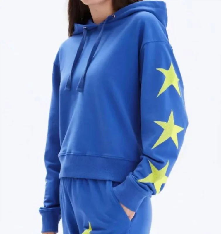 Neon Star Crop Pullover Hoodie In Electric Blue Gathered Sleeve Pullover