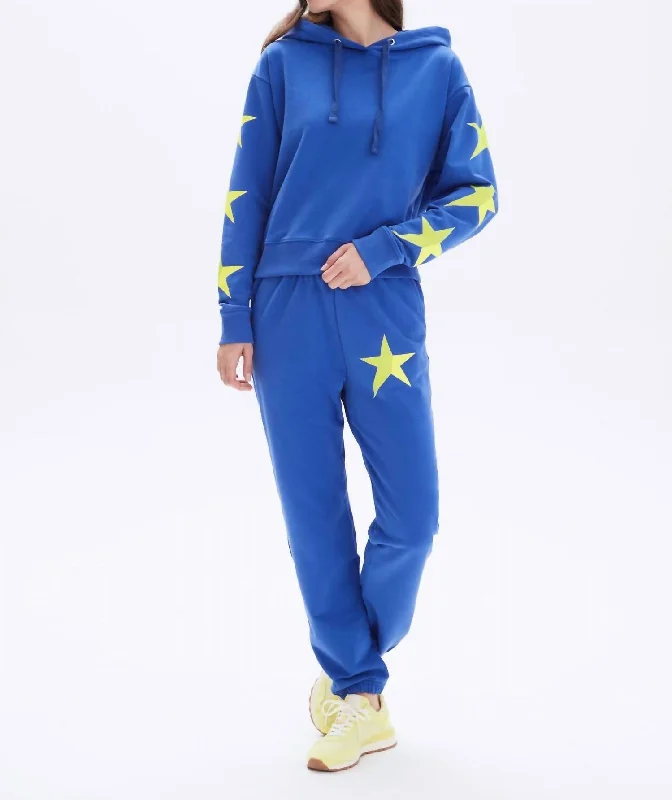 Neon Star Cropped Pullover Hoodie Top In Electric Blue Fine Merino Wool