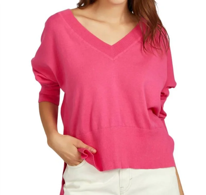 Noor Oversized V-Neck Pullover In Shocking Pink Tight Sleeve Top