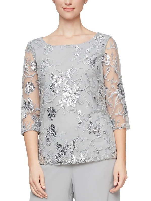 Petites Womens Sequins Mesh Overlay Pullover Top Surplice Neck Pullover
