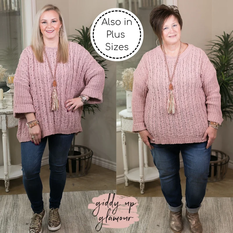On My Level Chenille Cable Knit Pullover Sweater in Mauve Pink Cold Shoulder Design