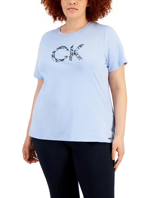 Plus Womens Logo Graphic Pullover Top Ruffled Neck Pullover