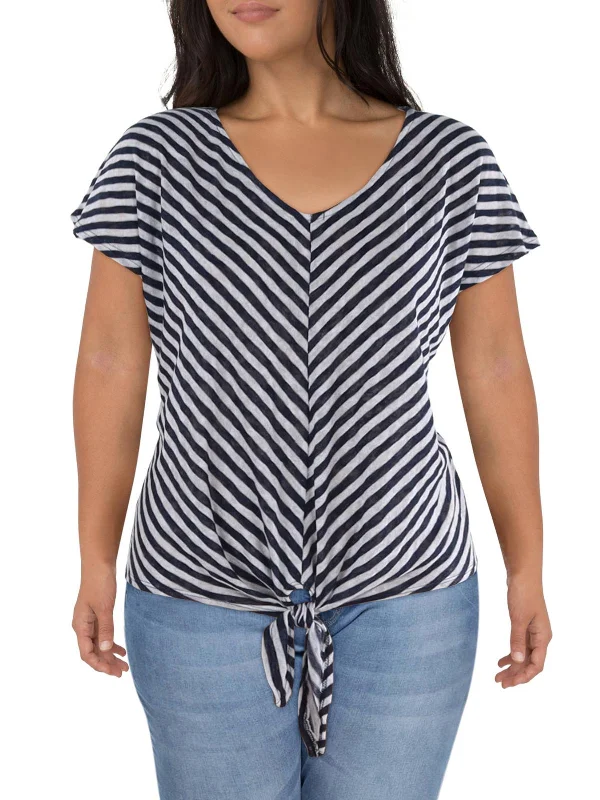 Plus Womens Striped Rayon Pullover Top High Neck Pullover