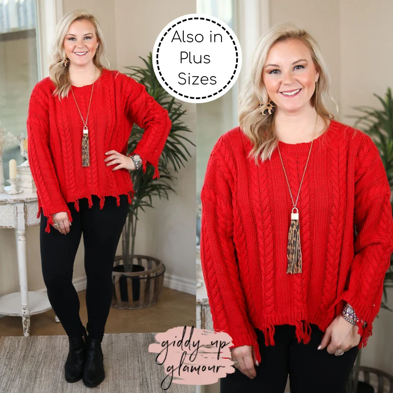 Ready Willing and Cable Knit Pullover Sweater with Frayed Hem in Red Boyleg Sleeve Pullover