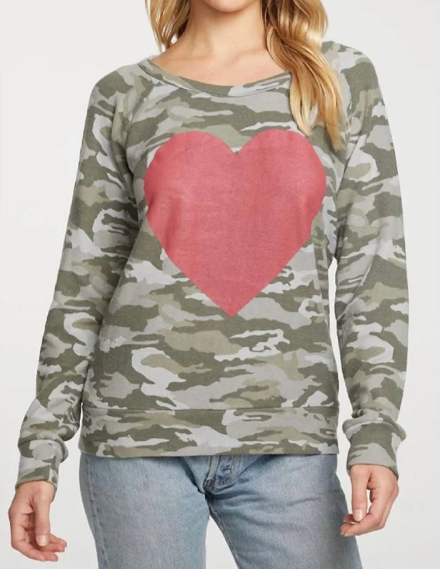 Rpet Long Sleeve Raglan Pullover In Camo Red Heart Batwing Sleeve Top