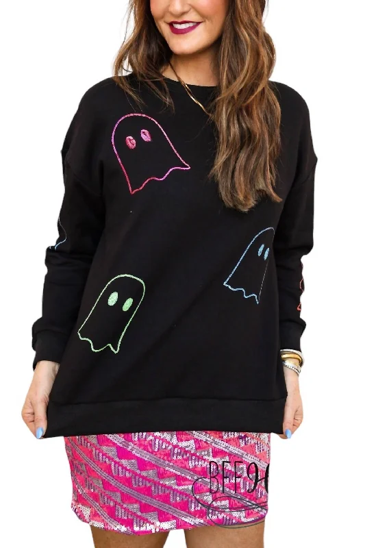 Sequin Ghost Pullover In Black Scalloped Neck Pullover