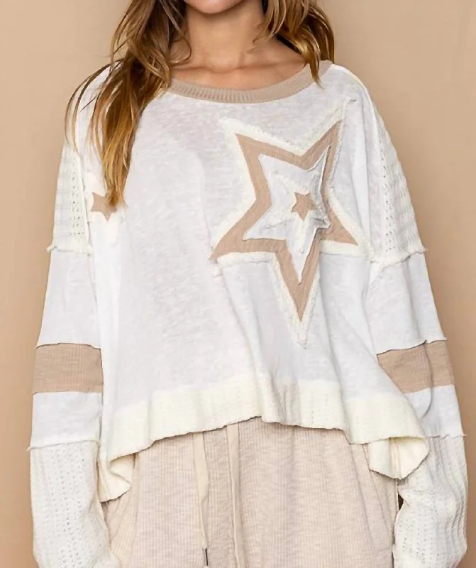 Stars Pullover Top In Beige Long Bell Sleeve