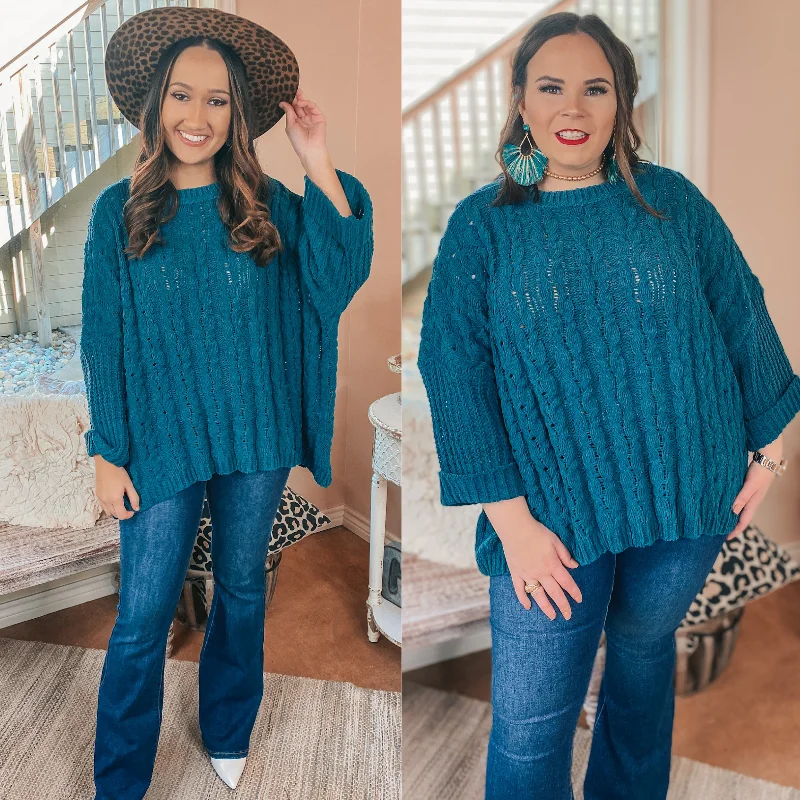 On My Level Chenille Cable Knit Pullover Sweater in Teal Green Bishop Sleeve Elegant