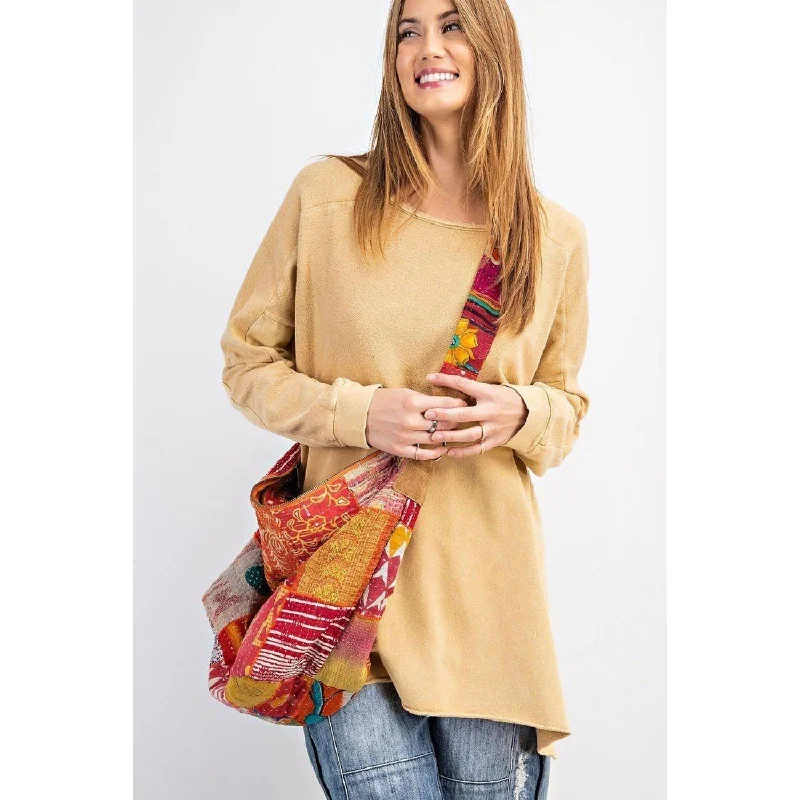 Terry Knit Upside Down Detailing Side Slits Pullover Tunic Faux Fur Trim