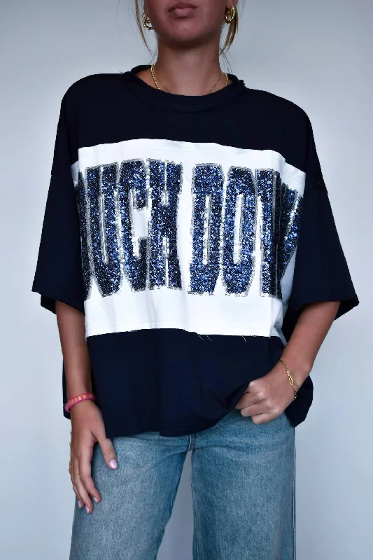 Touchdown Sequin Pullover In Navy Slim Sleeve Pullover