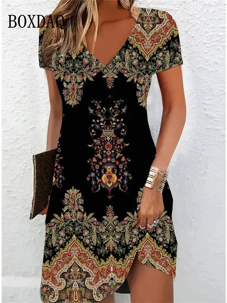 Vintage Women Midi Dresses For Ethnic Style Floral Print Loose Dress Plus Size Casual Short Sleeve Pullover V-Neck Dress Polo Neck Sweater