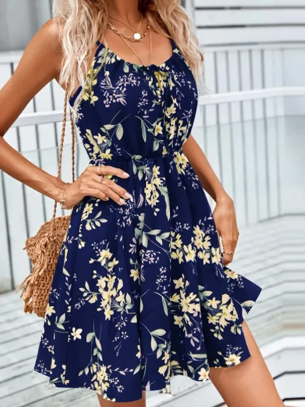 Women Elegant Pullover Vacation Floral Printing Sleeveless Spaghetti Strap Dress Kimono Neck Pullover