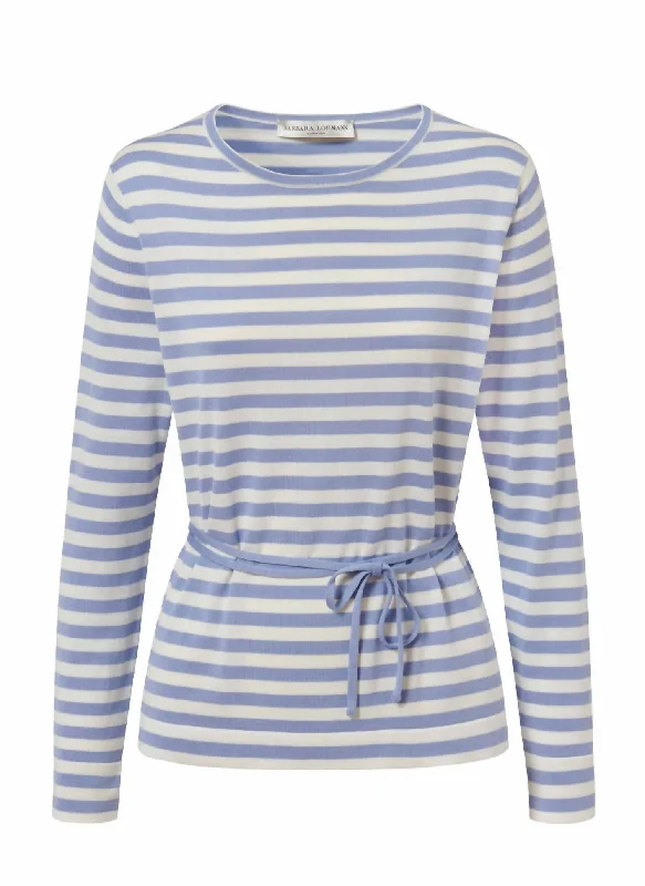 Women's Bree Stripe Pullover Top With Belt In Blue Set Sleeve Pullover