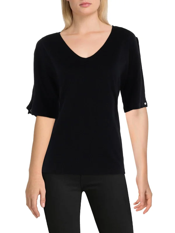 Womens Cotton V-Neck Pullover Top Ribbed Crew Neck
