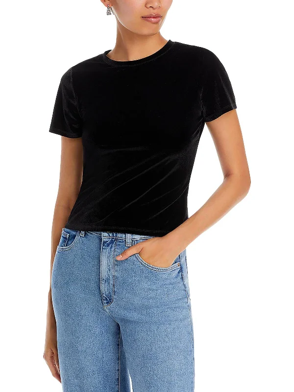 Womens Crop Short Sleeves Pullover Top Open Neck Pullover