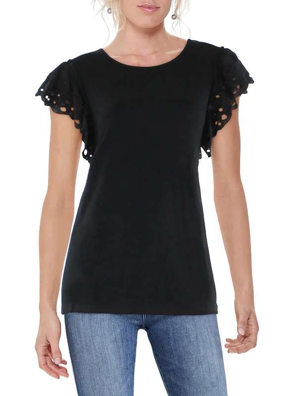 Womens Eyelet Ruffled Sleeve Pullover Top Sabrina Neck Pullover