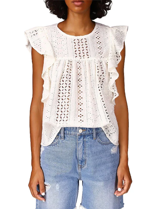 Womens Eyelet Shell Pullover Top Bateau Neck Pullover