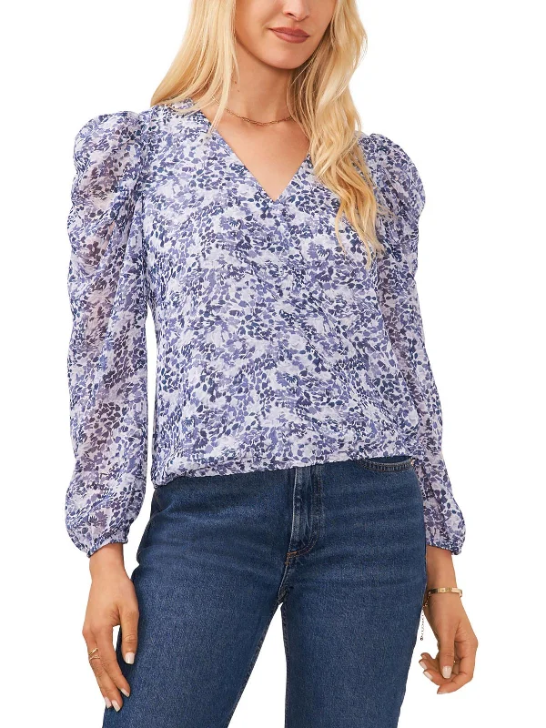 Womens Floral Print Puff Sleeves Pullover Top Besom Neck Pullover
