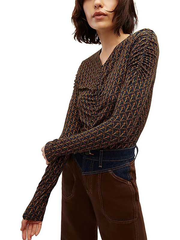 Womens Gathered Front Casual Pullover Top Bell Sleeve Stylish